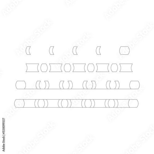 A black and white line art image featuring four rows of abstract, interconnected geometric shapes, including arcs, rectangles, and cylindrical forms with cutouts.