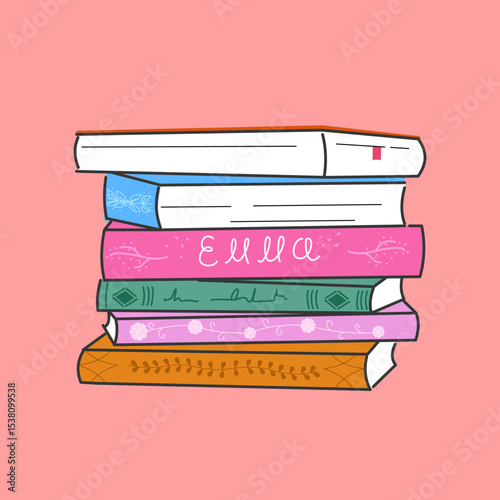 stack of books. Romantic vintage books, bestsellers and novels, library books and textbooks, pile of books. Literature and book lovers illustration
