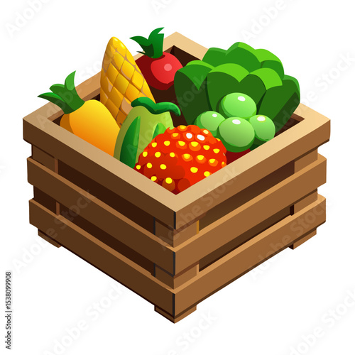 3D Vegetable Crate Illustration – Broccoli, Corn, Tomato Realistic Vector