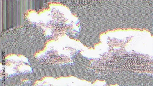 Distorted White Cumulus Clouds on a Gray Sky with Heavy Digital Artifacts and Glitching