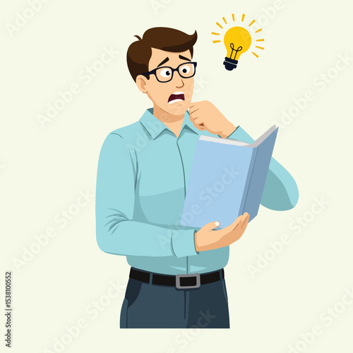 An Illustrated Young Man in Glasses Reading a Book with a Troubled or Confused Expression and a Lightbulb Idea
