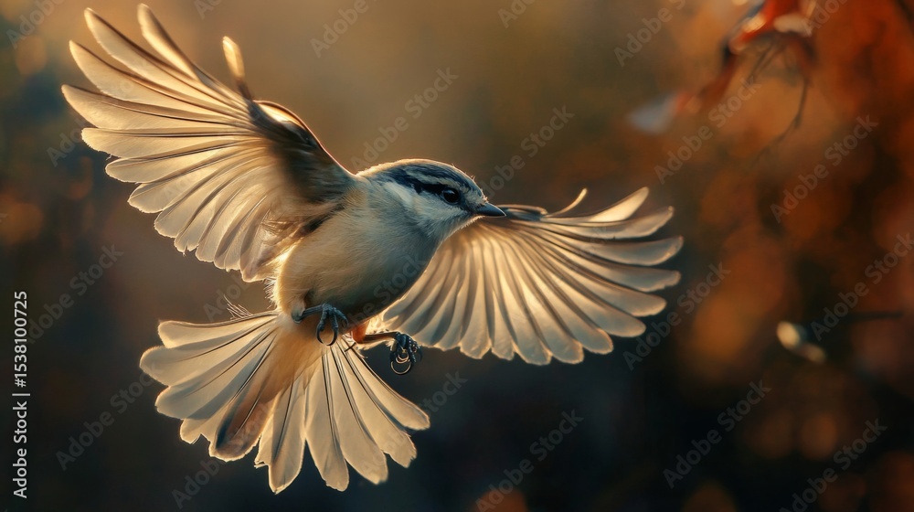 Naklejka premium A close-up of a bird in flight with its plumage ruffled by the wind, creating a sense of movement and emphasizing the birds agility and grace.