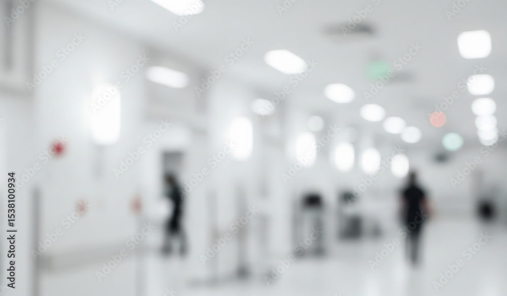 Fototapeta premium Blurred hospital hallway with people walking and bright lights.