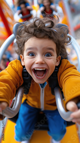 Excited boy sliding down playground slide