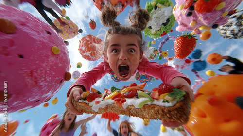 Surprised girl catching flying pizza in restaurant