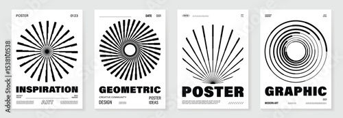 Abstract monochrome poster background vector set. Modern cover template with black and white perspective geometric prism shape, line. Ideal design for social media, banner, ads.