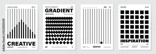 Abstract monochrome poster background vector set. Modern cover template with black and white perspective geometric prism shape, line. Ideal design for social media, banner, ads.