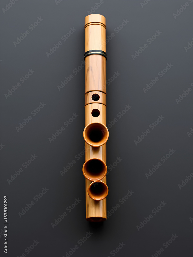 Naklejka premium A conical flute with multiple chambers that create harmonic overtones, placed on a smooth charcoal gray background for contrast,