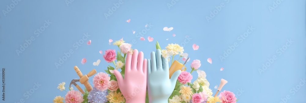Pastel gardening scene with gloves, flowers, and tools on blue background Pastel gardening scene with gloves, flowers, and tools on blue background