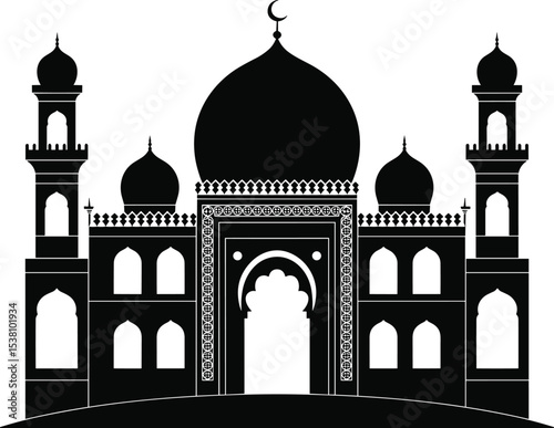 Islamic mosque silhouette vector, majestic dome and minarets, black and white architectural illustration, ornate gateway design, cultural religious landmark, traditional Muslim place of worship