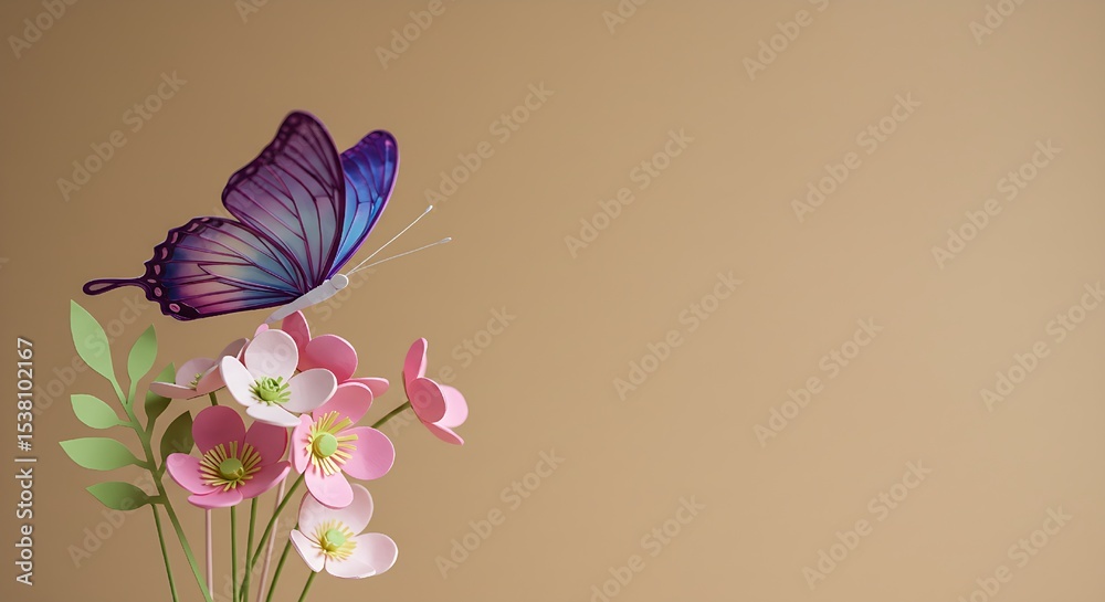 Naklejka premium Minimalist Paper Craft of Colorful Butterfly and Flowers on Tan Background