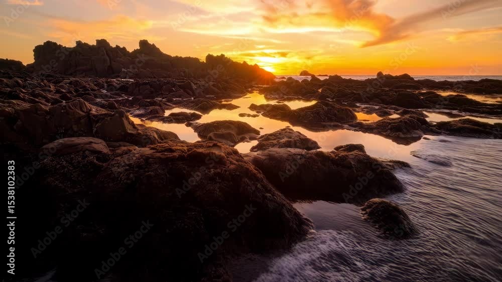 Golden sunset reflecting on tidal pools amongst rocky coastline with dramatic sky and ocean in the background. Scenic seascape view.