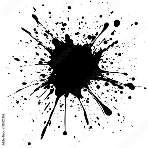 Black Ink Splatter Isolated on White Background, Large black ink splatter with chaotic drips and droplets spreading outward, perfect for grunge designs, overlays, or backgrounds.

