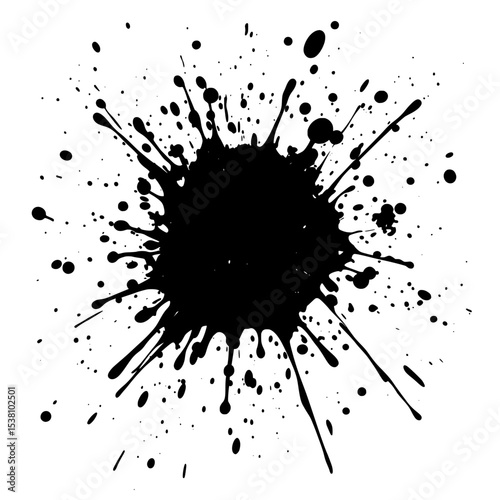 Black Ink Splatter Isolated on White Background, Large black ink splatter with chaotic drips and droplets spreading outward, perfect for grunge designs, overlays, or backgrounds.

