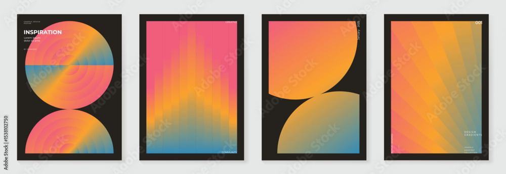 Modern gradient poster background vector set. Cover template with vibrant perspective geometric prism shapes. Ideal design for social media, cover, banner, flyer.