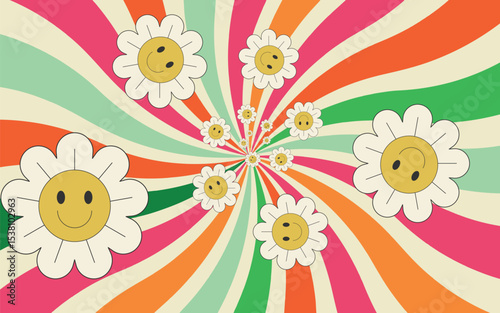 Abstract background with flowers and colorful swirl. Trendy vector illustration in style retro.