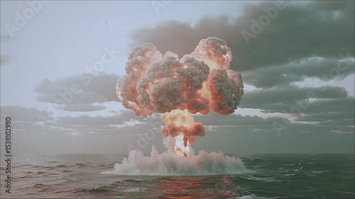 Dramatic Explosion Over the Sea Mushroom Cloud Over Water After Large Explosion Film Grain Effect Creates Vintage Aesthetic
