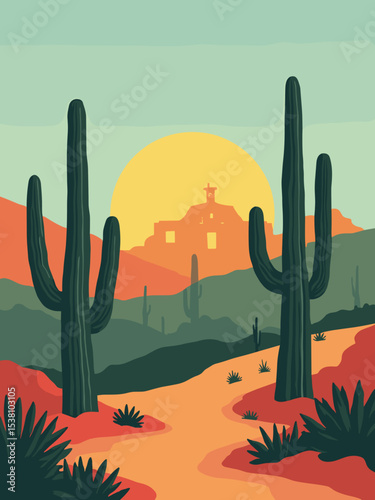 Tucson, Arizona — Saguaro cacti sunset, Mission San Xavier, Tucson skyline in desert orange, cactus green, terracotta, and sky blue