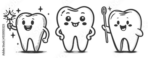 cartoon teeth with happy faces Set collection bundle sketch engraving generative ai vector illustration. Scratch board imitation. Black and white image.