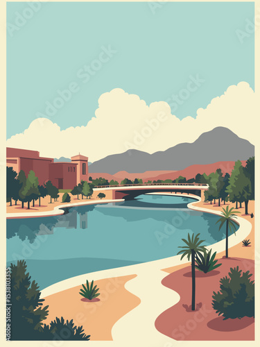 Tempe, Arizona — Town Lake, Mill Avenue Bridge, ASU Campus in lake blue, bridge grey, campus maroon, and cream