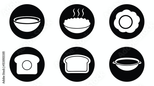 Breakfast food icons collection featuring bowl of soup steaming cereal sunny side up egg toast and saucepan in circular black backgrounds