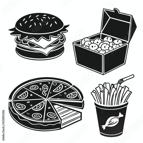 Black and white illustration featuring burger chicken nuggets pizza and french fries icons food vector.