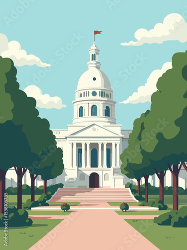 Tallahassee, Florida — State Capitol, Maclay Gardens, Cascades Park in capitol white, garden pink, park green, and sky blue