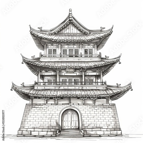Chinese royal palace sketch illustration. Asian style palace isolated on white background
