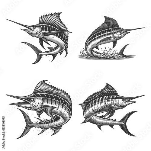 marlin fish Set collection bundle sketch engraving generative ai vector illustration. Scratch board imitation. Black and white image.