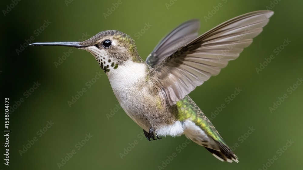 Fototapeta premium A close-up of a hummingbird hovering in mid-air, with iridescent feathers glistening, capturing the incredible detail of its wings in motion.