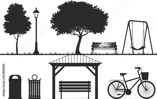 Public park elements silhouette, trees, benches, swing, bicycle, gazebo, trash bins, lamp post illustration, black and white outdoor design, urban garden equipment vector