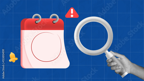 halftone collage, hand holding magnifying glass and looking for date marked with red circle