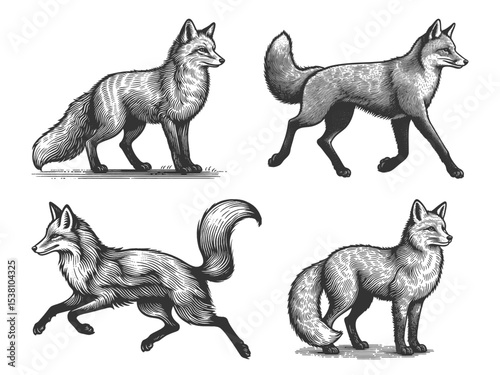 fox Set collection bundle sketch engraving generative ai vector illustration. Scratch board imitation. Black and white image.
