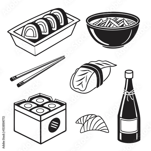 Delicious sushi rolls nigiri sashimi and miso soup with sake bottle and chopsticks illustration in black and white