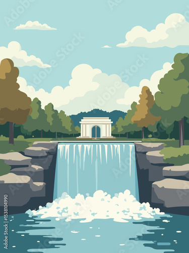 Sioux Falls, South Dakota — Falls Park, SculptureWalk, Washington Pavilion in waterfall blue, sculpture bronze, pavilion white, and ash grey