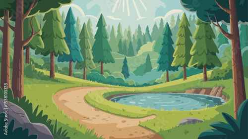 landscape with green grass and forest Vector flat graphic design illustration