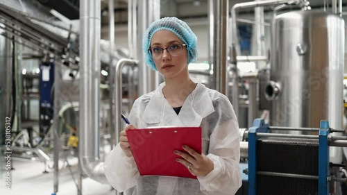 Female food technician wearing protective clothing and mask is checking plastic water bottles on production line in bottling factory, holding clipboard and inspecting products