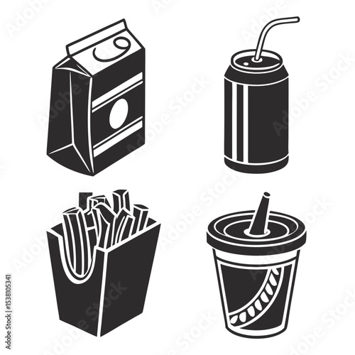 Black and white vector illustration of fast food menu items for restaurant and takeaway service concepts