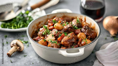 A classic French coq au vin, a rich and flavorful chicken stew.