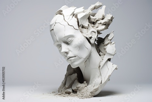 Sculpture of a broken head representing fragility and transformation in contemporary art