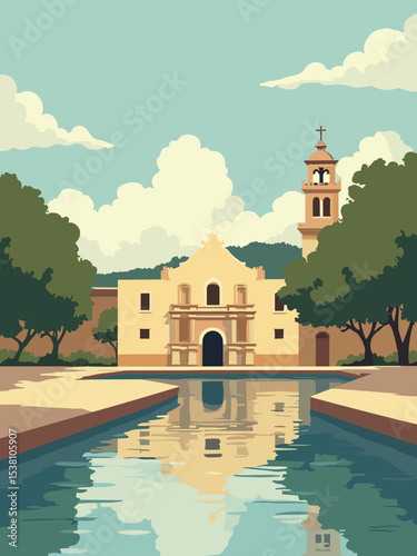San Antonio, Texas — The Alamo, River Walk, Tower of the Americas in adobe, river blue, muted gold, and olive green