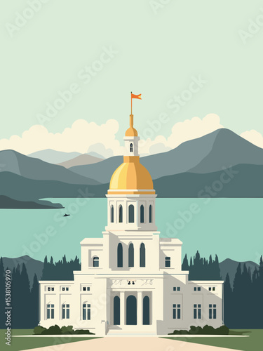 Salt Lake City, Utah — Temple Square, State Capitol, Great Salt Lake in temple white, dome gold, lake teal, and mountain grey