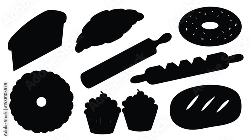 Silhouette collection of various baked goods and baking tools for culinary design and food related projects