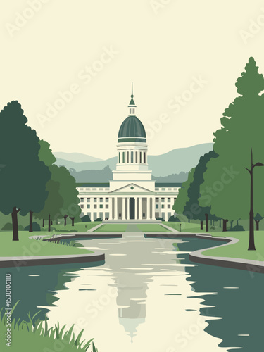 Salem, Oregon — State Capitol, Riverfront Park, Minto-Brown Park in capitol white, park green, river grey, and cream