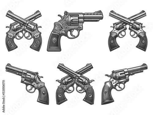 revolver pistol Set collection bundle sketch engraving generative ai vector illustration. Scratch board imitation. Black and white image.