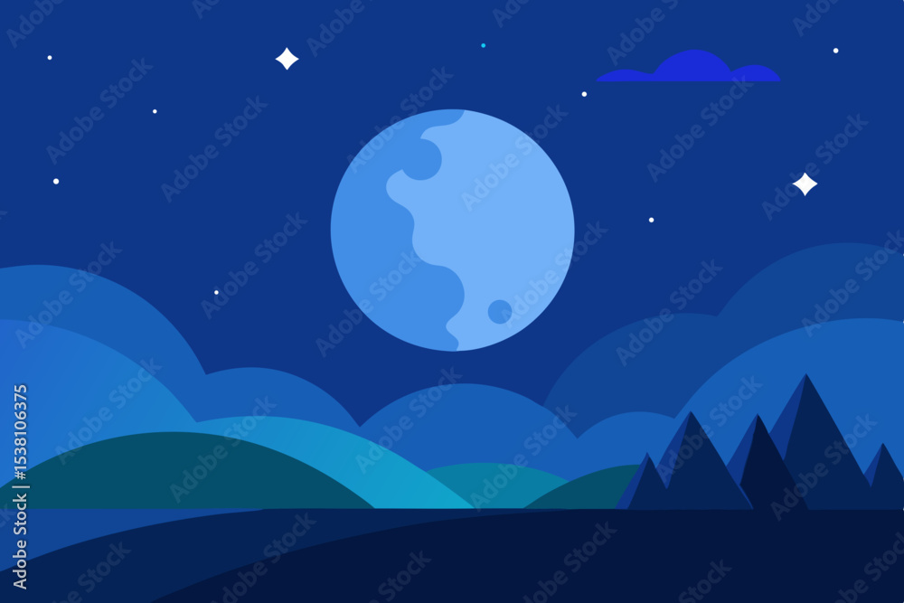 Fototapeta premium Crescent moon over blue mountains night landscape