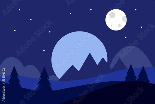 Crescent moon over blue mountains night landscape