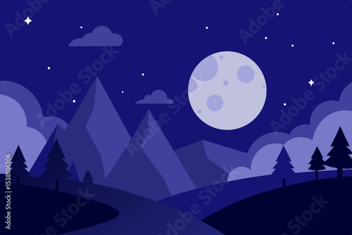 Crescent moon over blue mountains night landscape