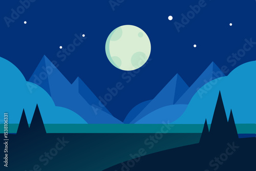 Crescent moon over blue mountains night landscape