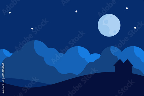 Crescent moon over blue mountains night landscape